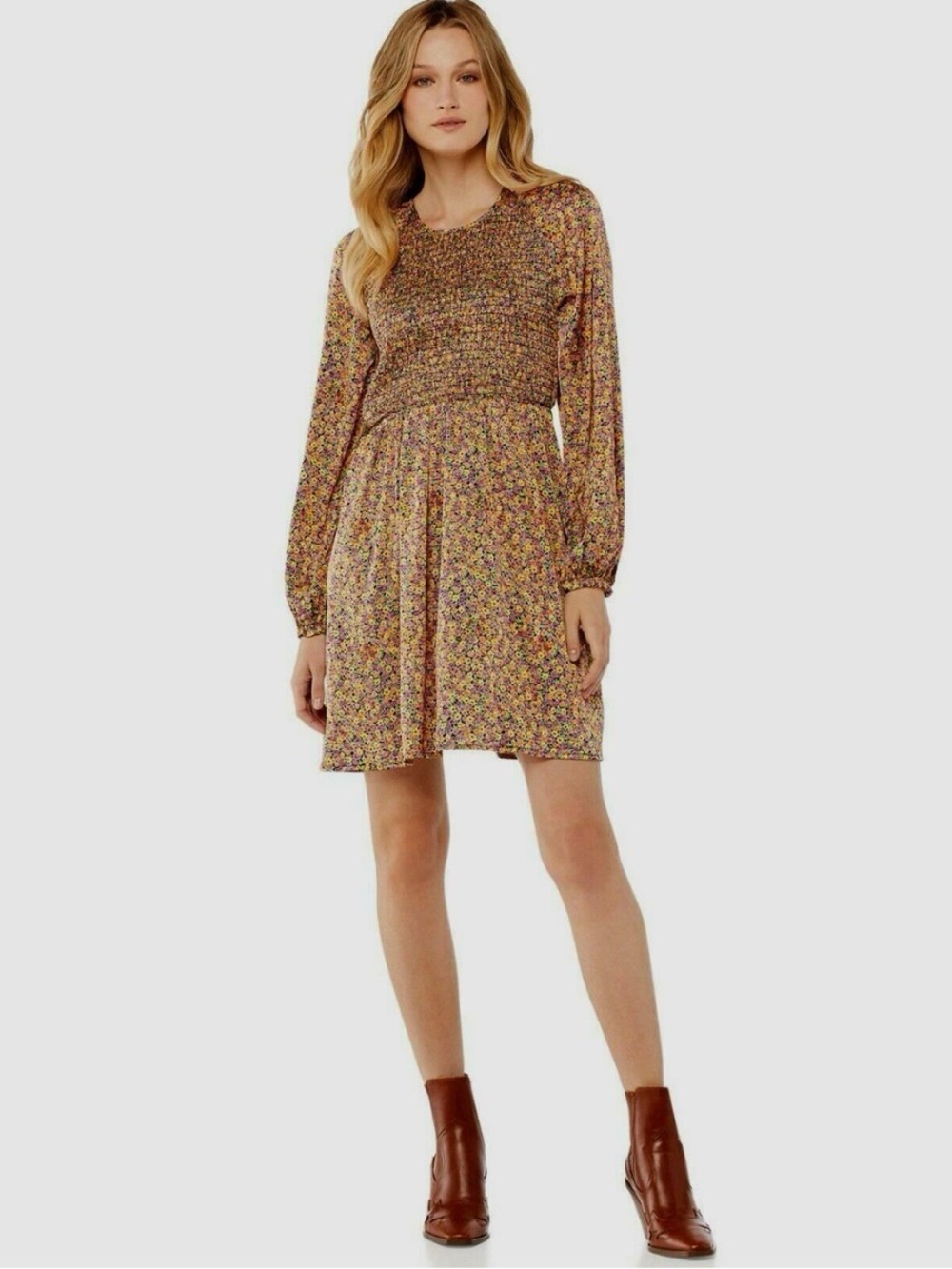 Scoop Smocked Floral Long-Sleeve Mini Dress